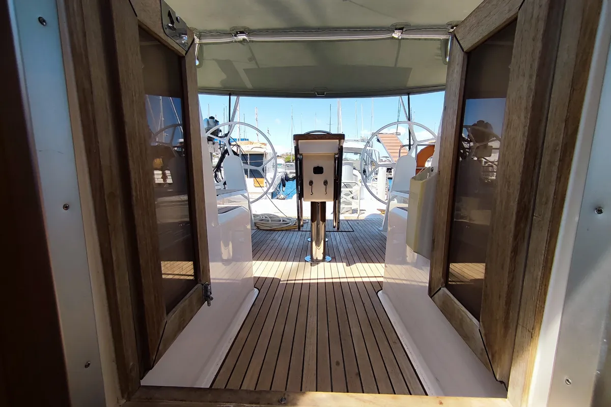 Cockpit of Charm, a Bavaria Cruiser 46 sailboat at Lavrion, Greece