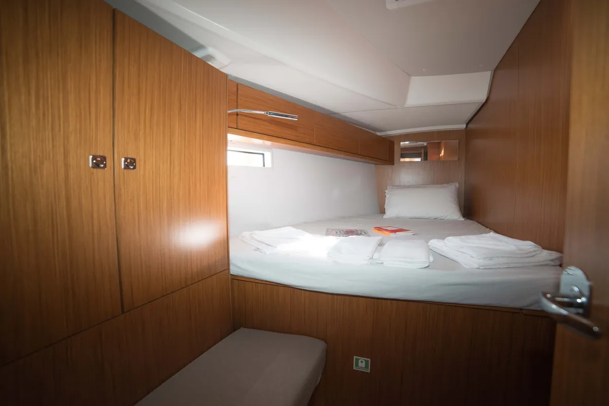 Cabin on Charm, a Bavaria Cruiser 46 sailboat at Lavrion, Greece