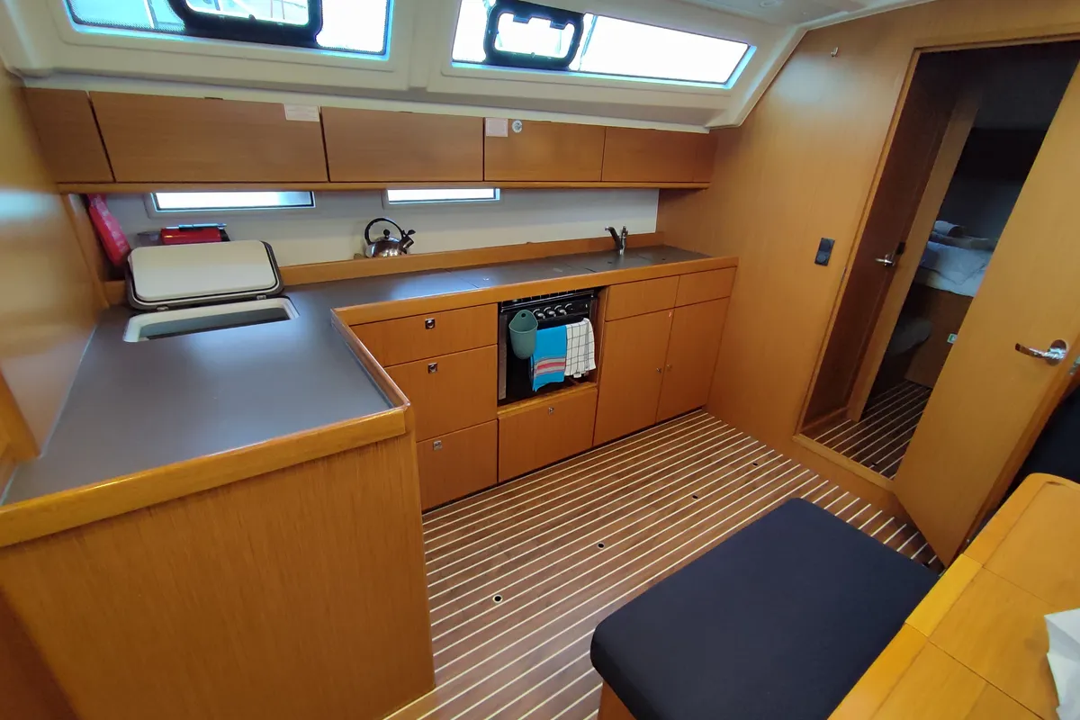 Galley of Charm, a Bavaria Cruiser 46 sailboat at Lavrion, Greece