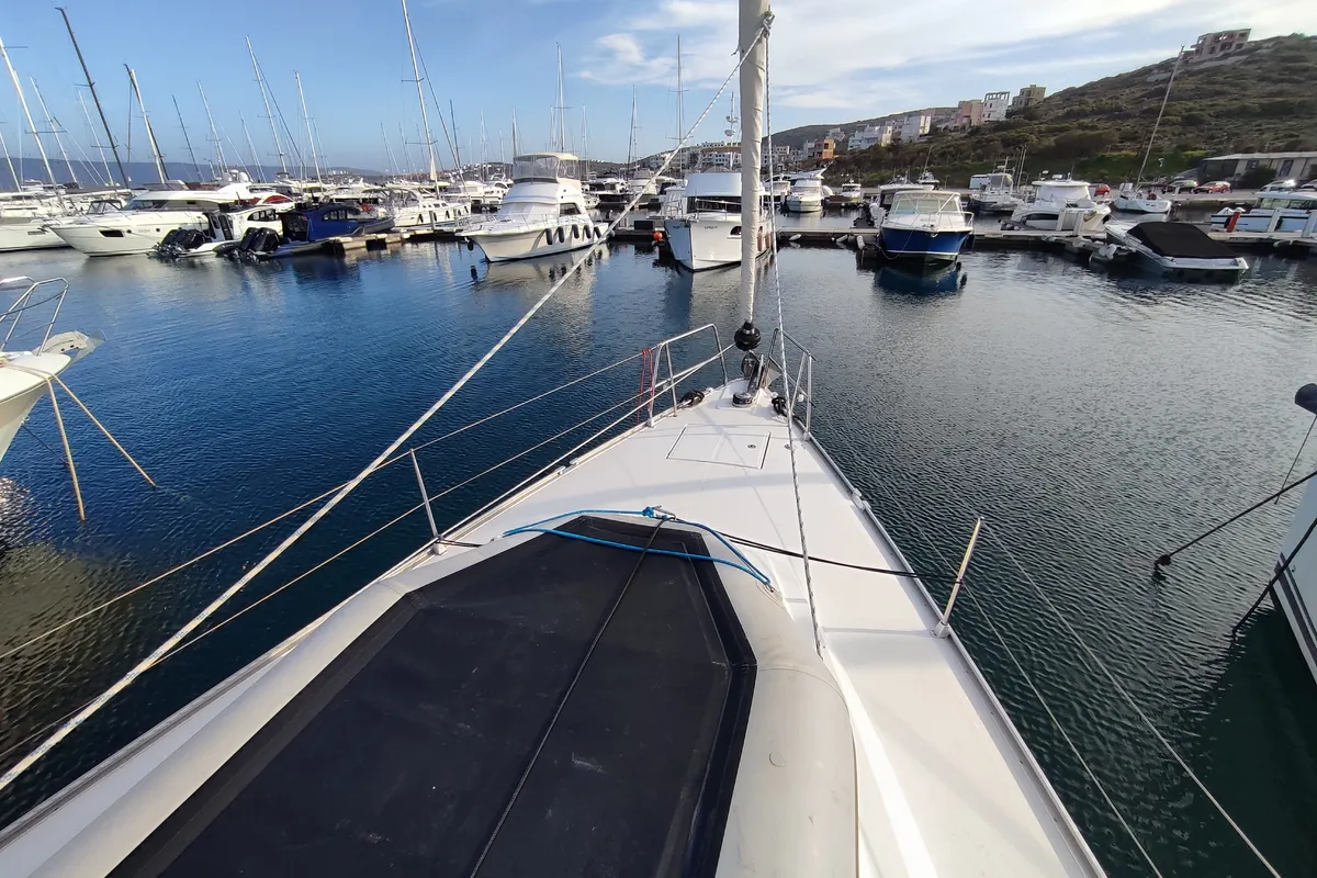 Deck of Charm, a Bavaria Cruiser 46 sailboat at Lavrion, Greece