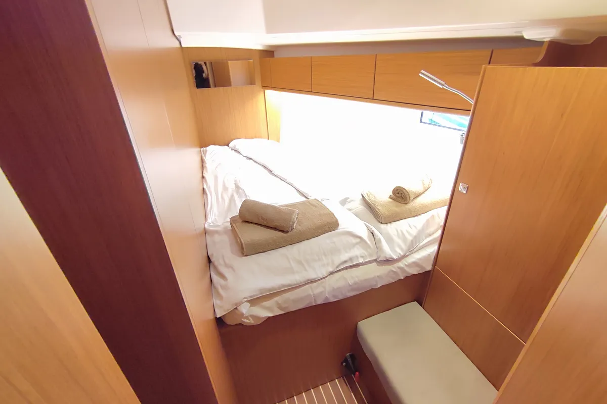 Cabin on Charm, a Bavaria Cruiser 46 sailboat at Lavrion, Greece