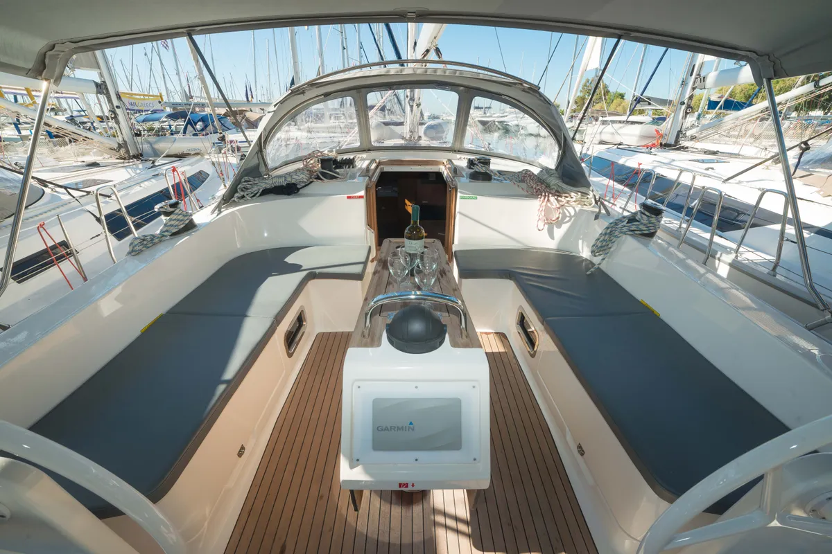 Cockpit of Charm, a Bavaria Cruiser 46 sailboat at Lavrion, Greece
