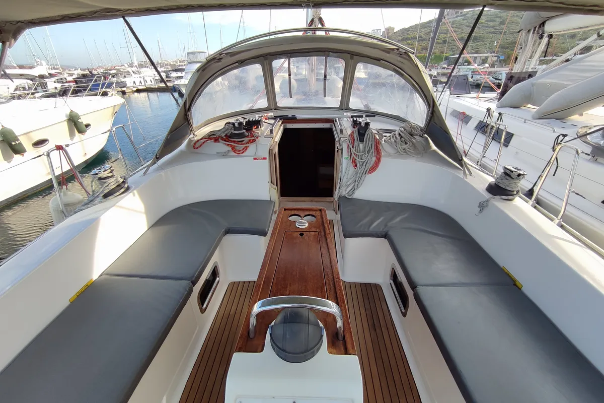 Deck of Charm, a Bavaria Cruiser 46 sailboat at Lavrion, Greece