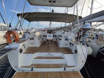 Cockpit of Charm, a Bavaria Cruiser 46 sailboat at Lavrion, Greece