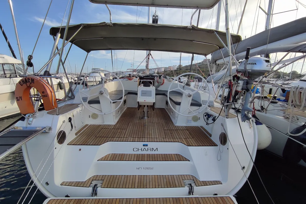Cockpit of Charm, a Bavaria Cruiser 46 sailboat at Lavrion, Greece
