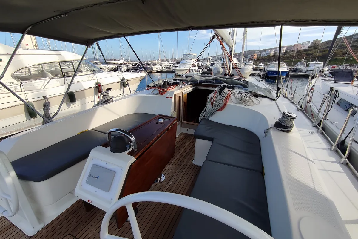 Deck of Charm, a Bavaria Cruiser 46 sailboat at Lavrion, Greece