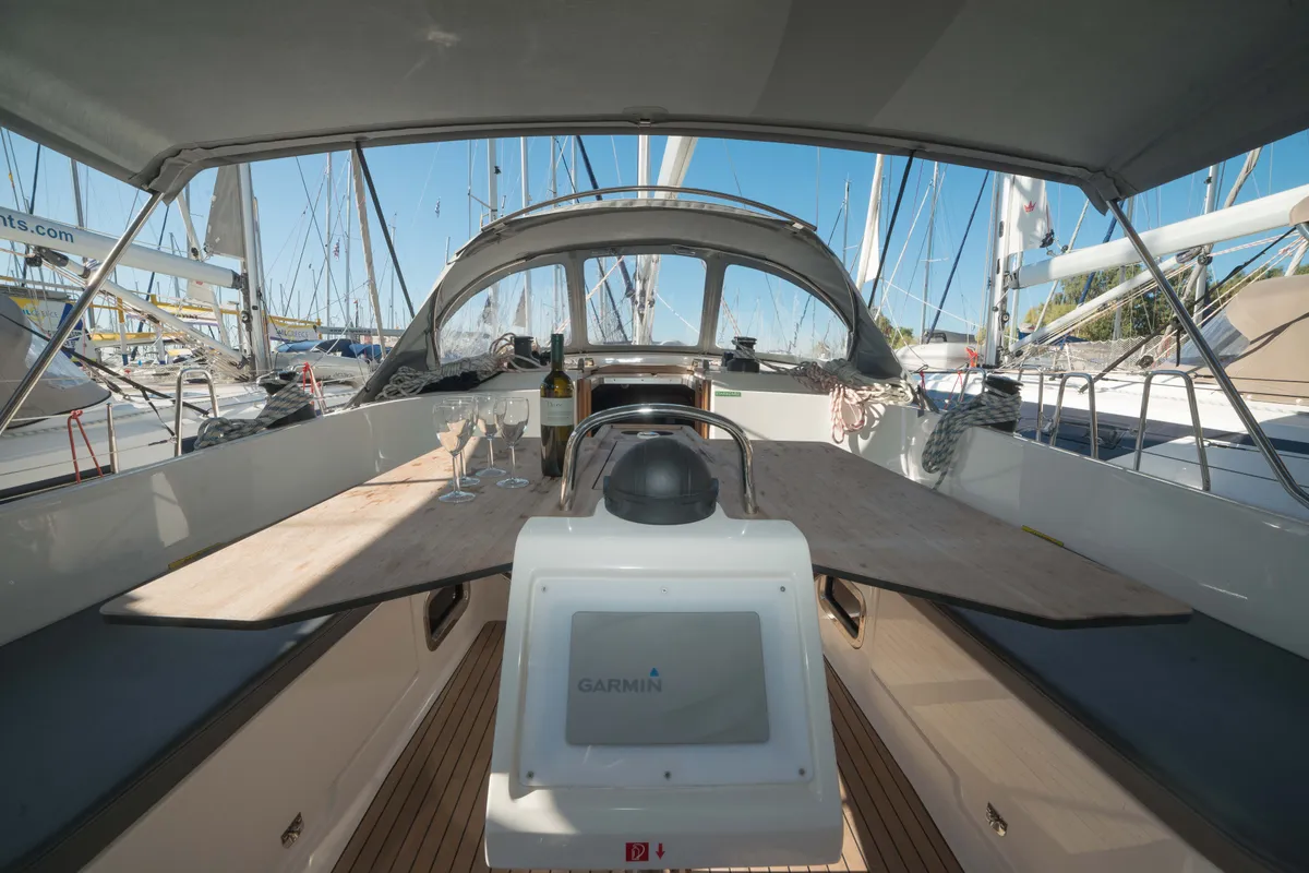 Cockpit of Charm, a Bavaria Cruiser 46 sailboat at Lavrion, Greece
