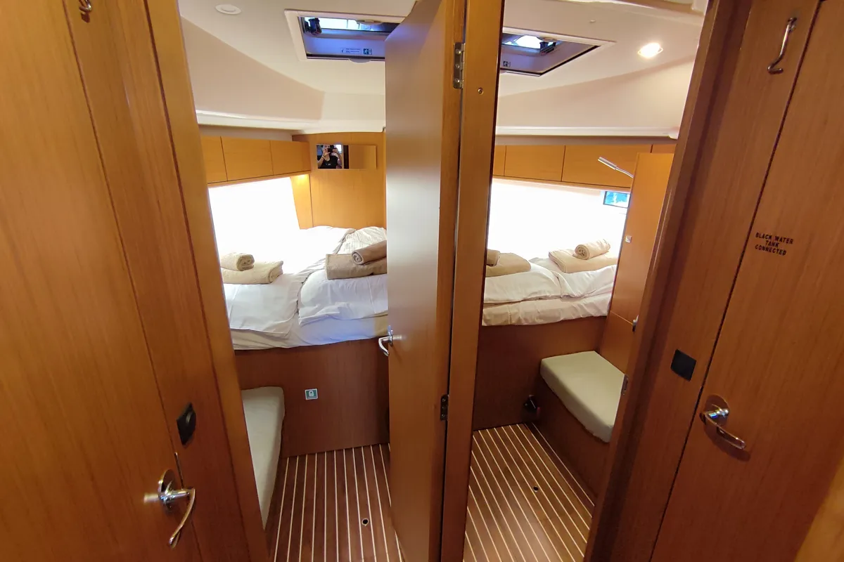 Cabin on Charm, a Bavaria Cruiser 46 sailboat at Lavrion, Greece