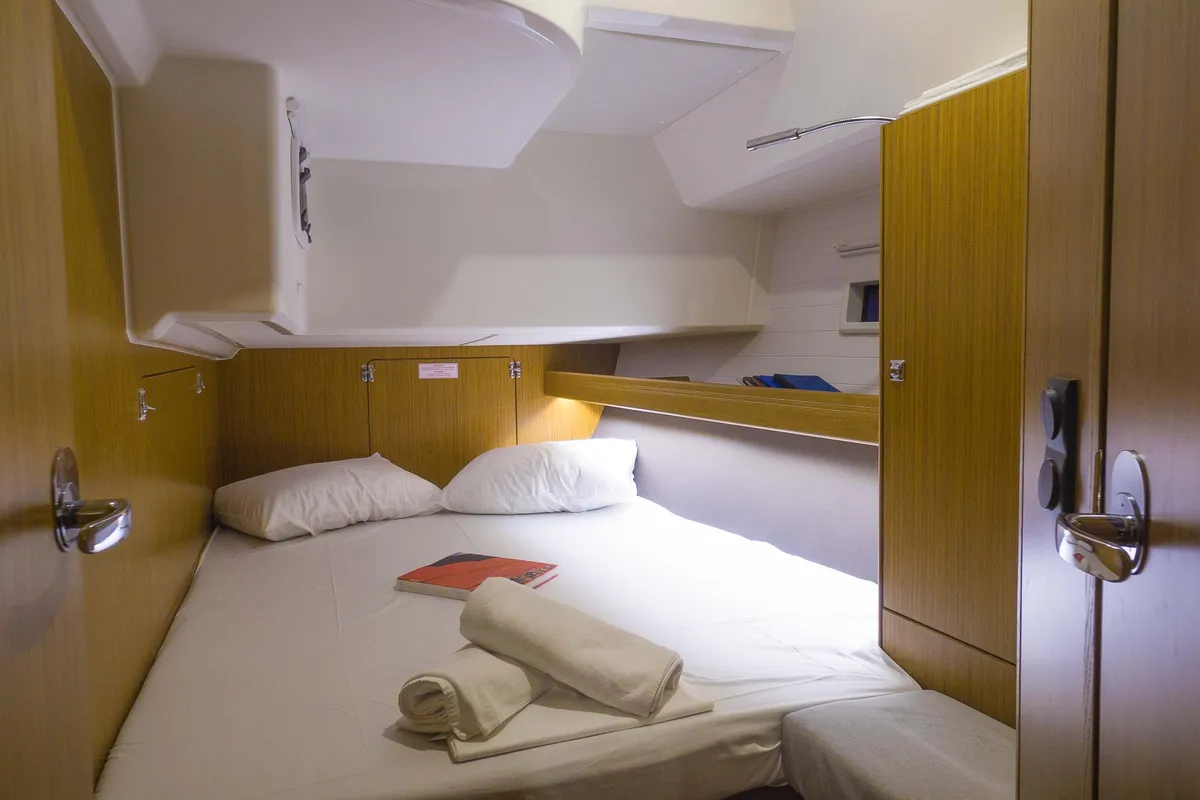 Cabin on Charm, a Bavaria Cruiser 46 sailboat at Lavrion, Greece