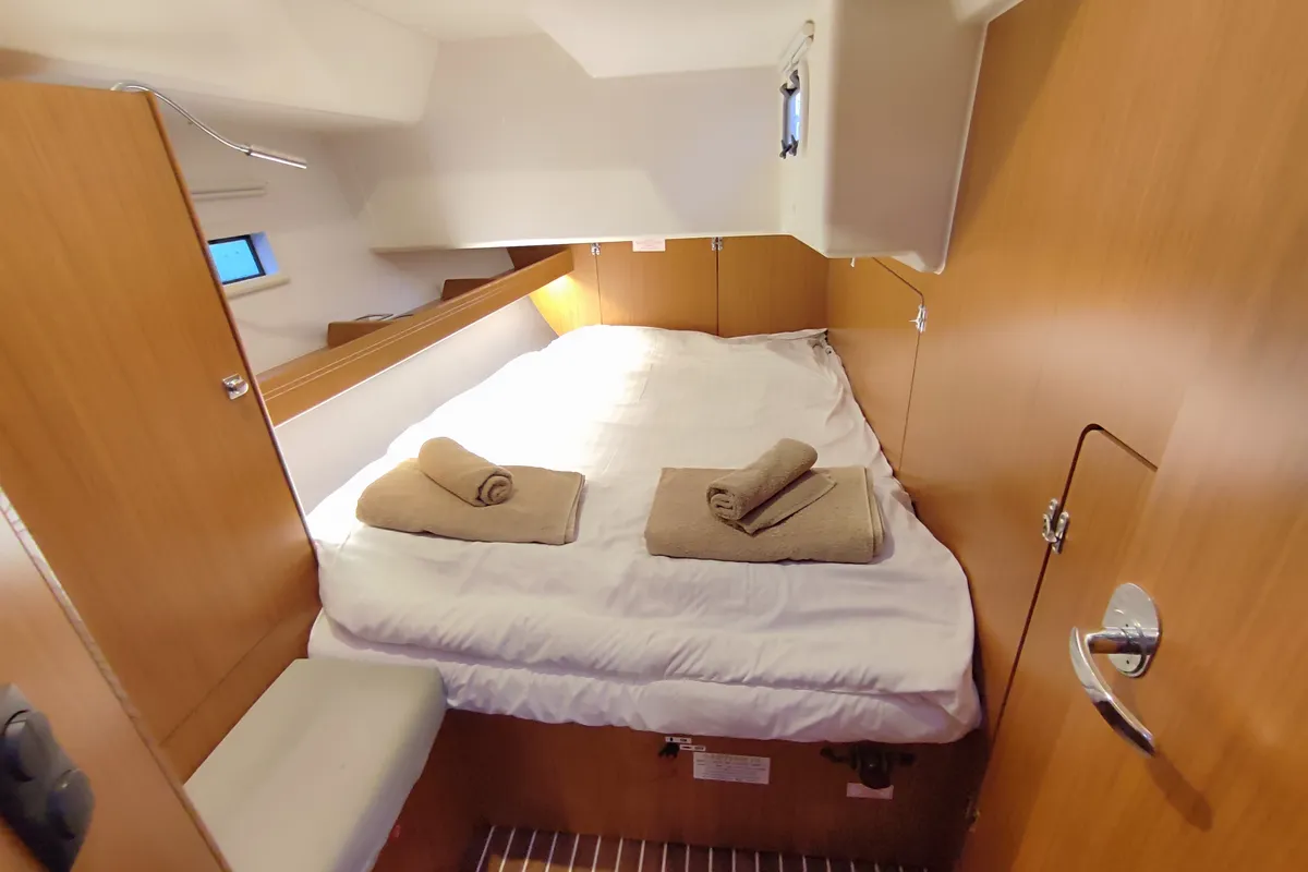 Cabin on Charm, a Bavaria Cruiser 46 sailboat at Lavrion, Greece