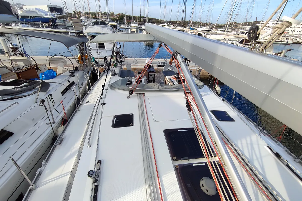 Deck of Charm, a Bavaria Cruiser 46 sailboat at Lavrion, Greece