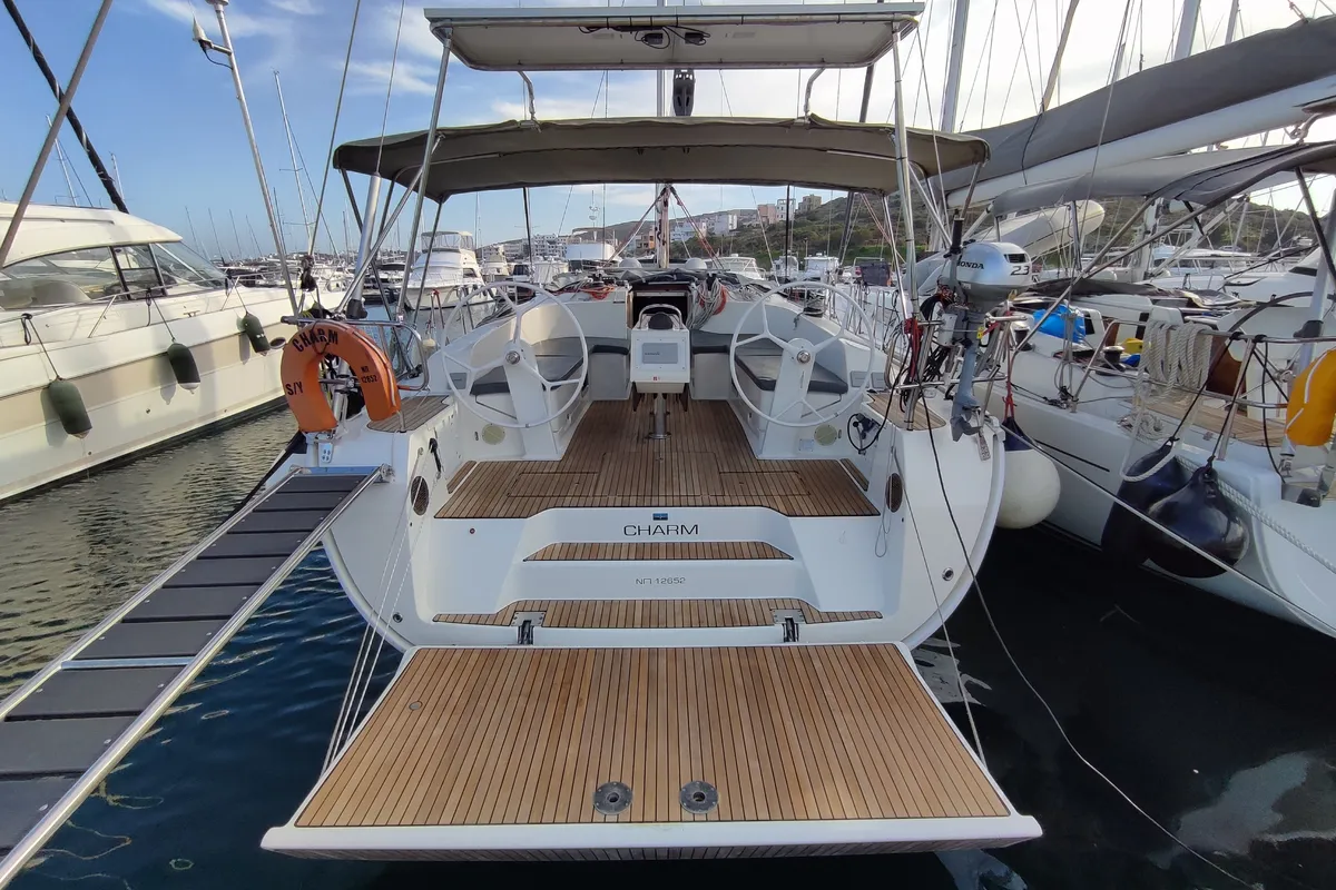Exterior view of Charm, a Bavaria Cruiser 46 sailboat at Lavrion, Greece