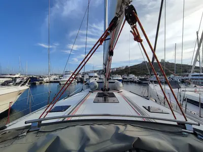 Deck of Charm, a Bavaria Cruiser 46 sailboat at Lavrion, Greece
