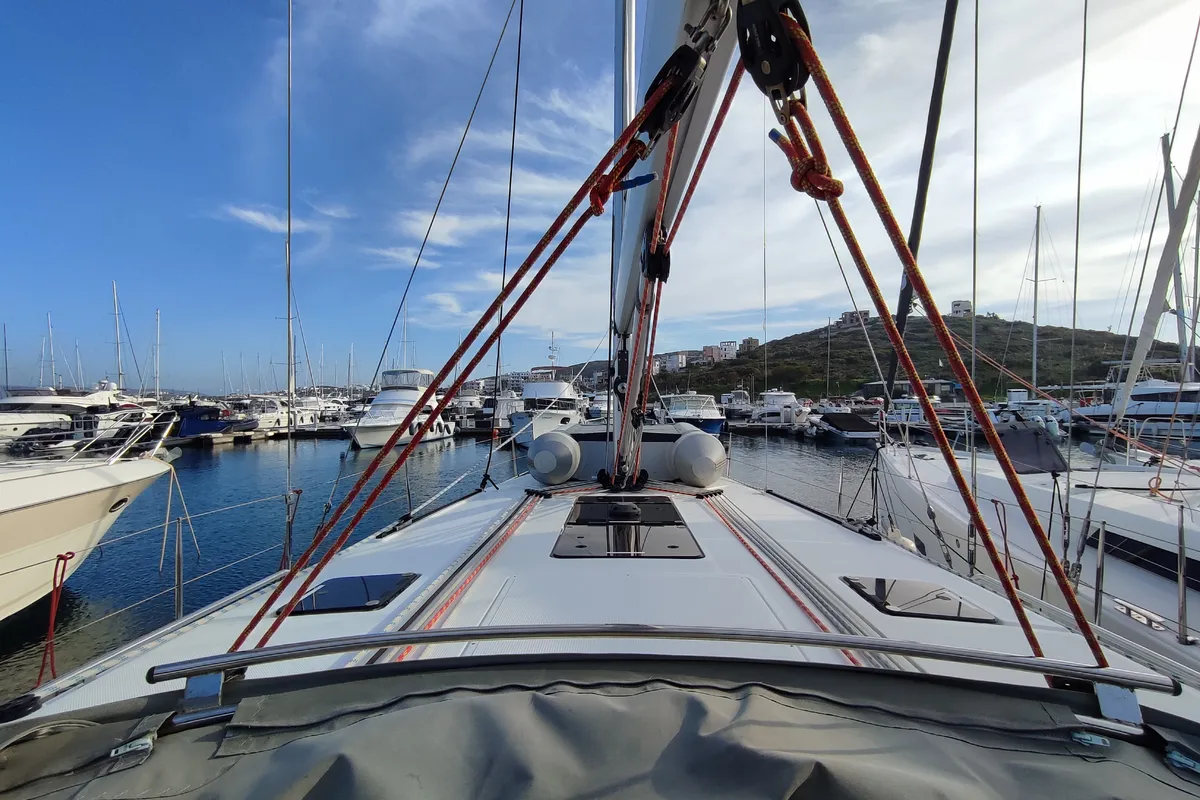 Deck of Charm, a Bavaria Cruiser 46 sailboat at Lavrion, Greece