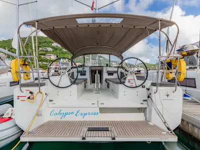 Cockpit of Calypso Express, a Jeanneau Sun Odyssey 380 sailboat at Road Town, British Virgin Islands