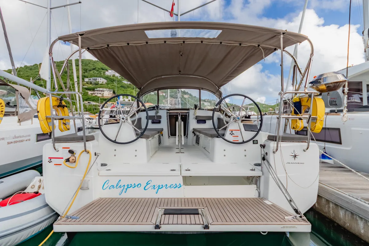Cockpit of Calypso Express, a Jeanneau Sun Odyssey 380 sailboat at Road Town, British Virgin Islands