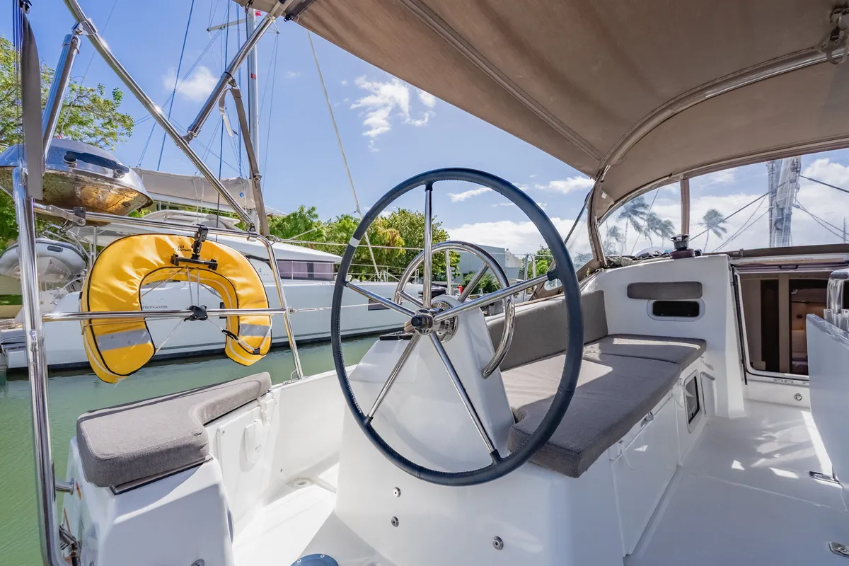 Cockpit of Calypso Express, a Jeanneau Sun Odyssey 380 sailboat at Road Town, British Virgin Islands
