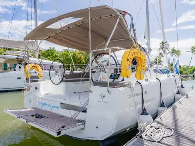 Deck of Calypso Express, a Jeanneau Sun Odyssey 380 sailboat at Road Town, British Virgin Islands