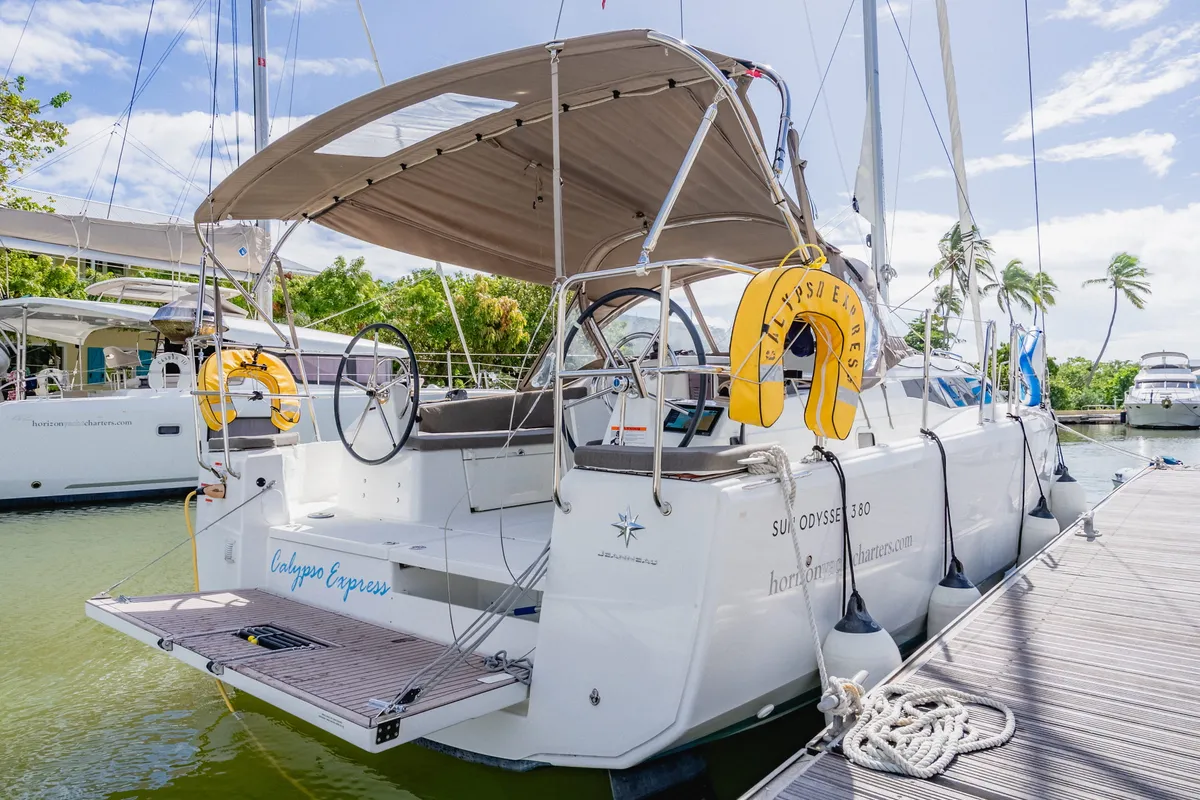 Deck of Calypso Express, a Jeanneau Sun Odyssey 380 sailboat at Road Town, British Virgin Islands
