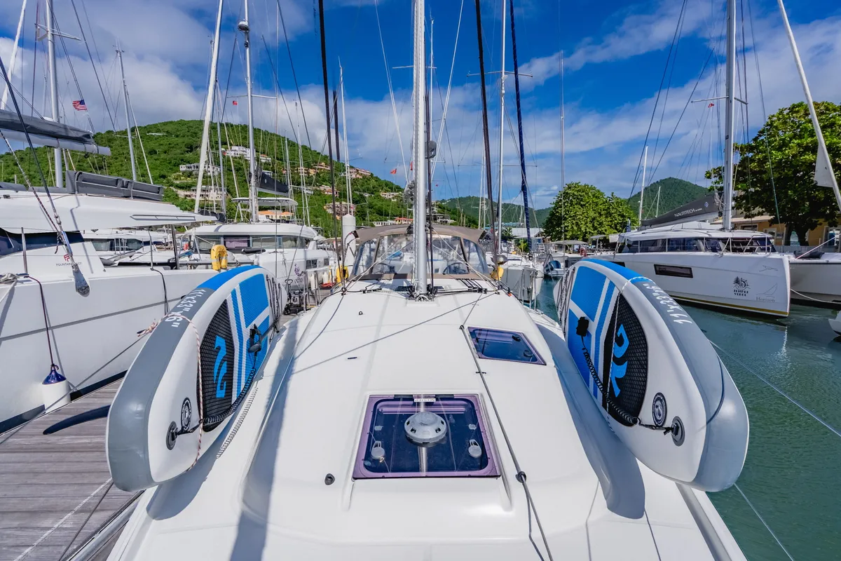 Deck of Calypso Express, a Jeanneau Sun Odyssey 380 sailboat at Road Town, British Virgin Islands