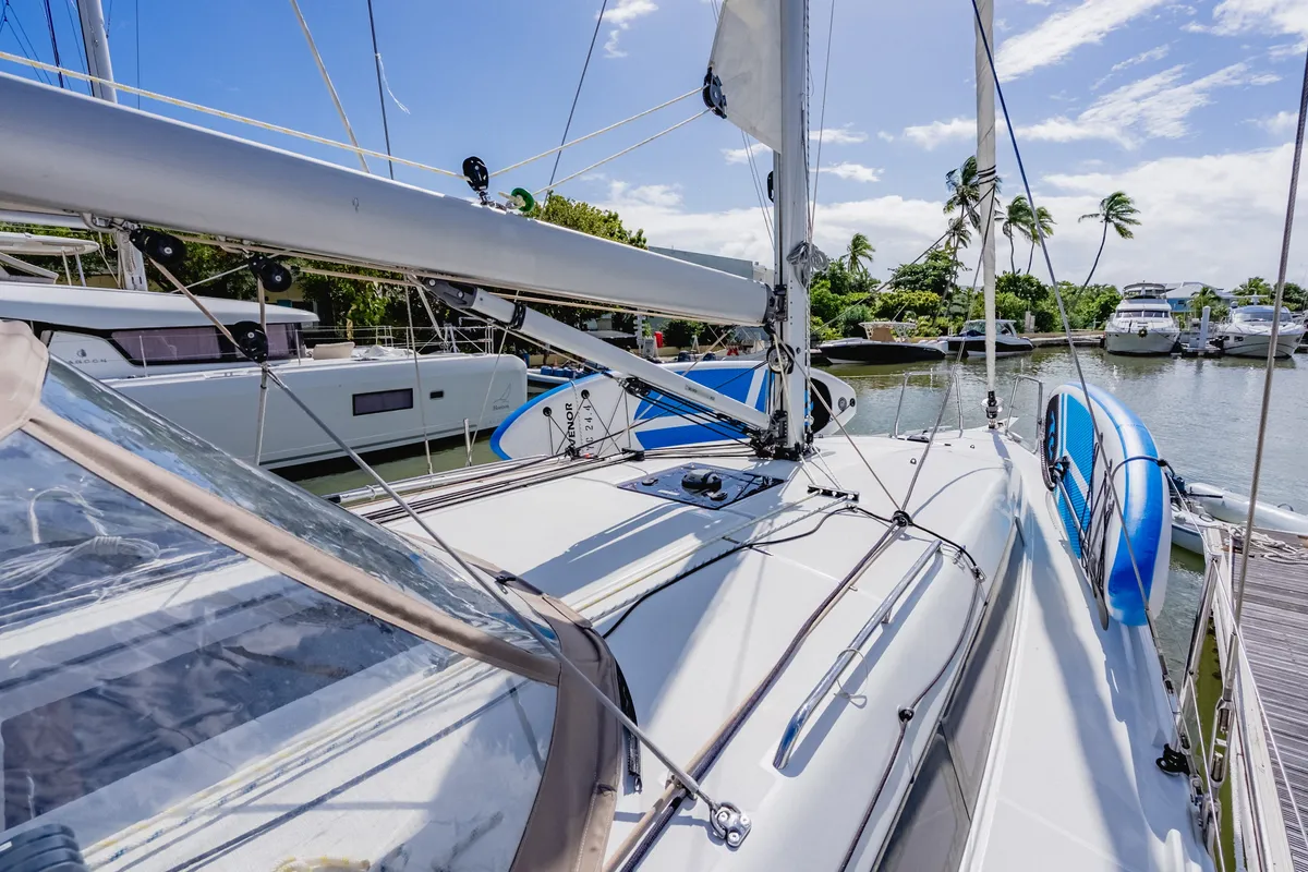 Deck of Calypso Express, a Jeanneau Sun Odyssey 380 sailboat at Road Town, British Virgin Islands