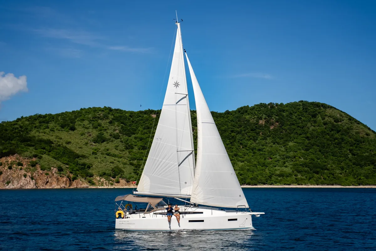 Exterior view of Calypso Express, a Jeanneau Sun Odyssey 380 sailboat at Road Town, British Virgin Islands