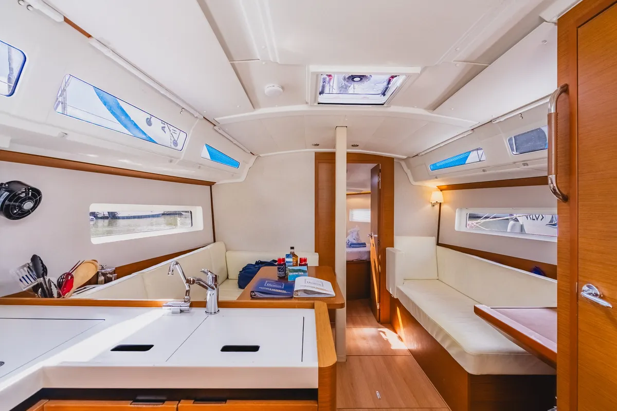 Salon of Calypso Express, a Jeanneau Sun Odyssey 380 sailboat at Road Town, British Virgin Islands