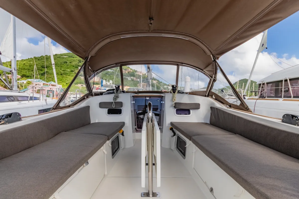 Cockpit of Calypso Express, a Jeanneau Sun Odyssey 380 sailboat at Road Town, British Virgin Islands