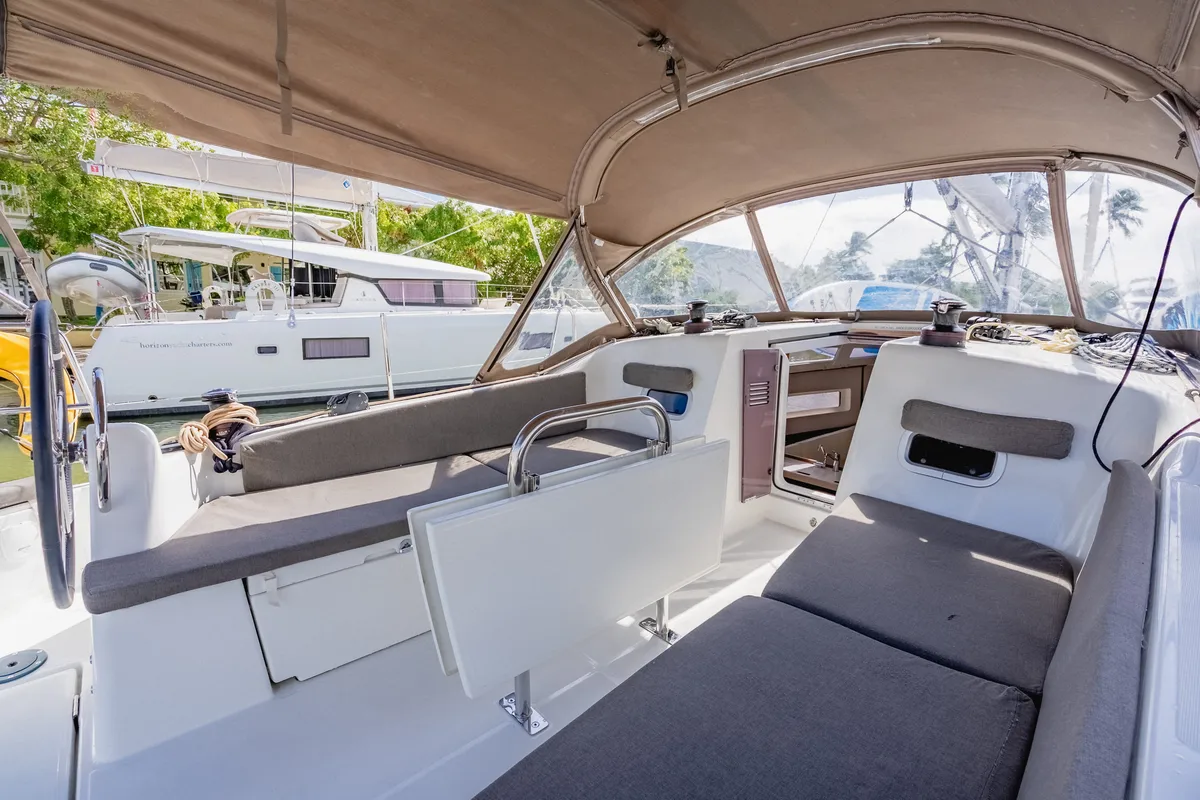 Cockpit of Calypso Express, a Jeanneau Sun Odyssey 380 sailboat at Road Town, British Virgin Islands
