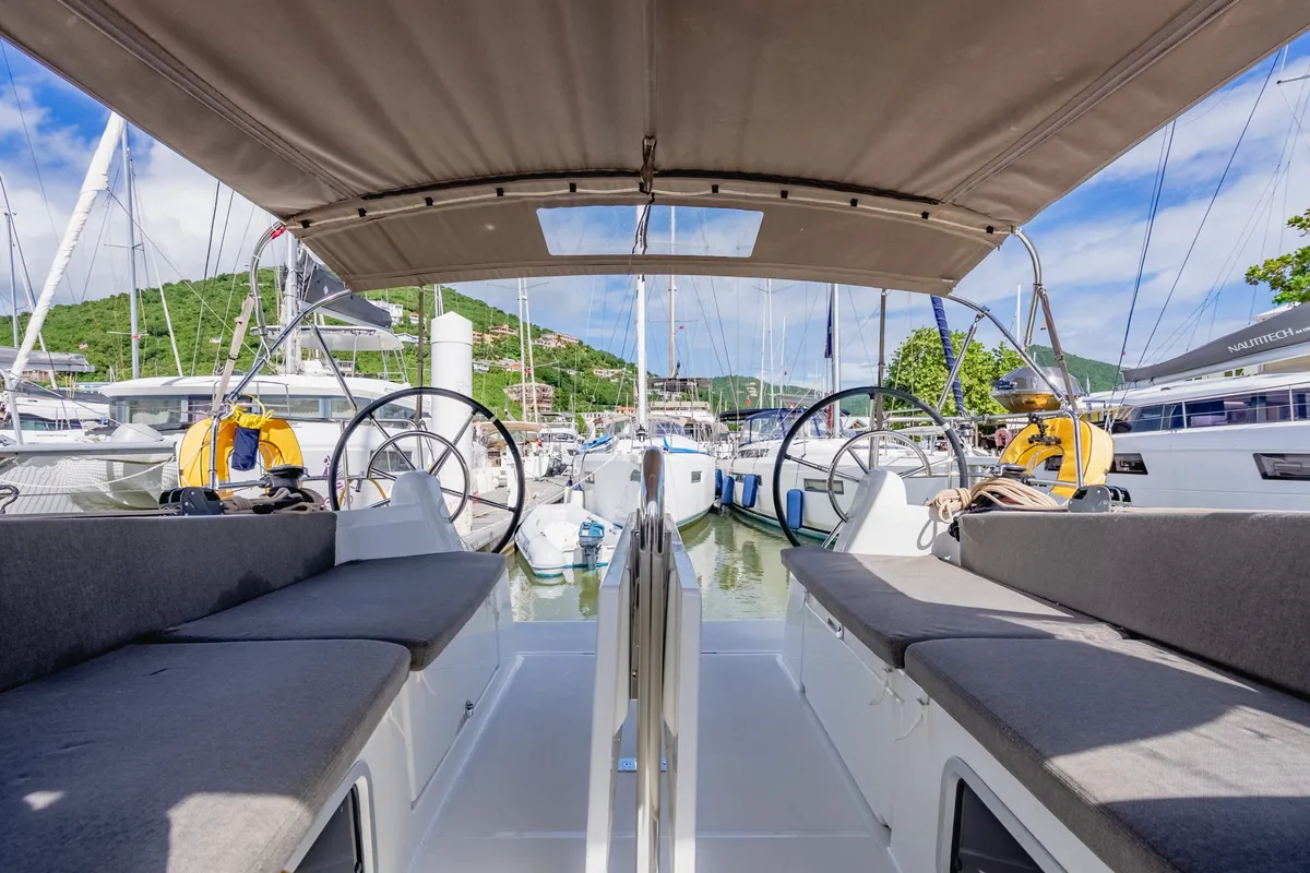 Cockpit of Calypso Express, a Jeanneau Sun Odyssey 380 sailboat at Road Town, British Virgin Islands