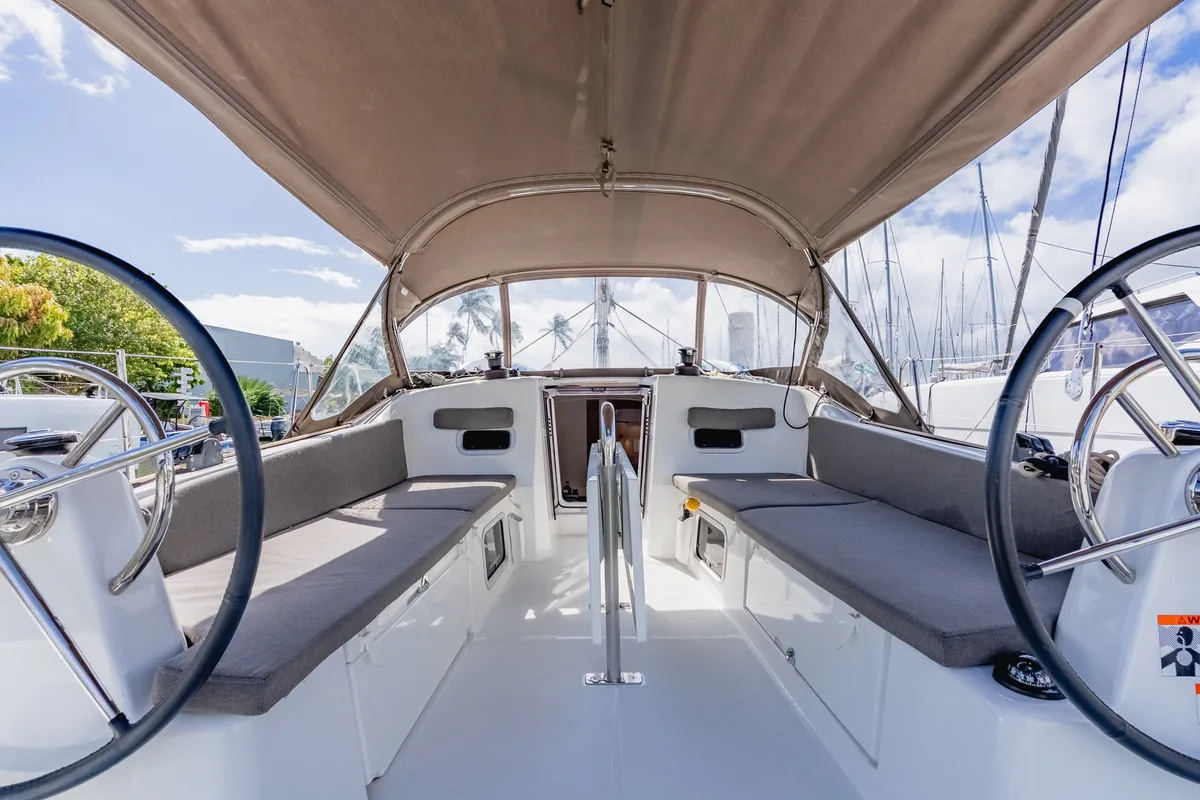 Cockpit of Calypso Express, a Jeanneau Sun Odyssey 380 sailboat at Road Town, British Virgin Islands