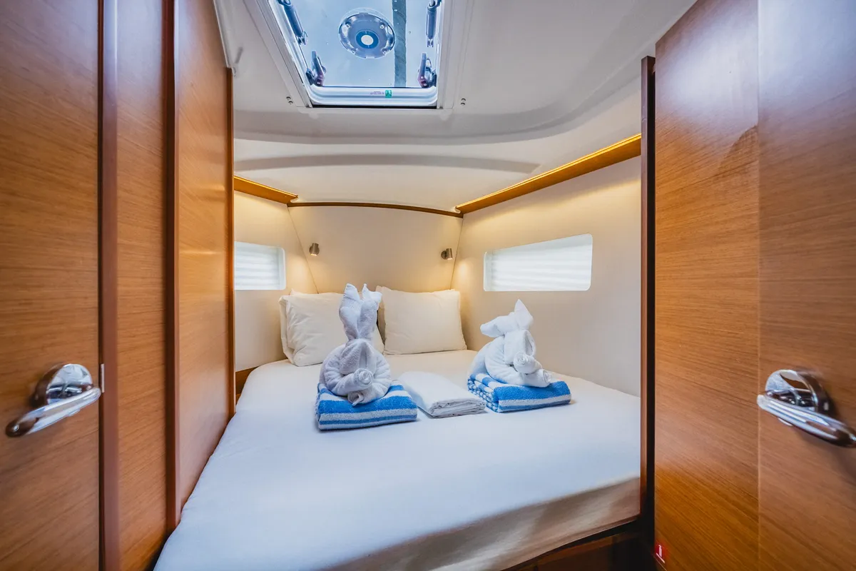 Cabin on Calypso Express, a Jeanneau Sun Odyssey 380 sailboat at Road Town, British Virgin Islands