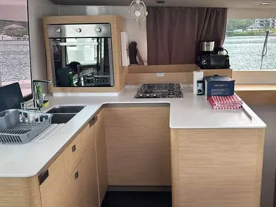 Galley of Neza, a Fountaine Pajot Astrea 42 Quatuor catamaran at Roche Caiman, Seychelles