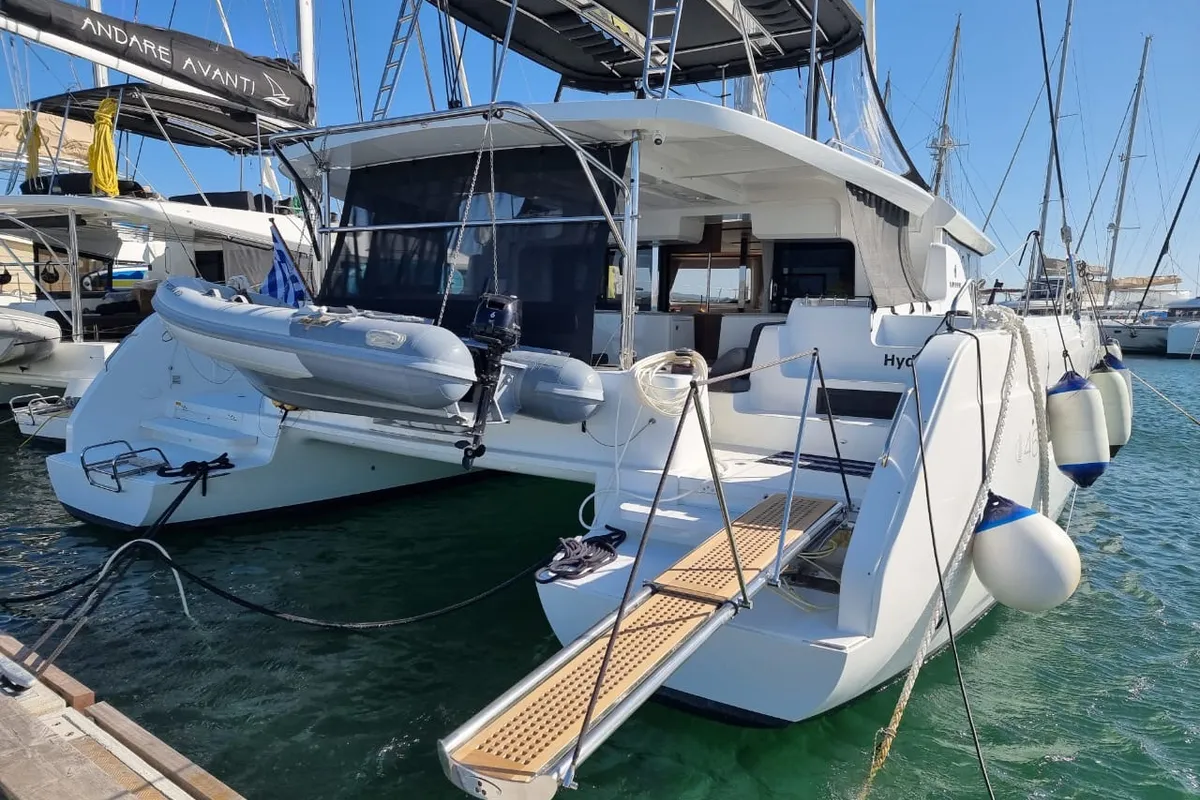 Exterior view of Hydra XIV, a Lagoon 46 catamaran at Municipal Unit of Lefkada, Greece