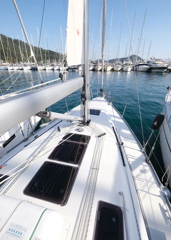 Deck of Crush, a Bavaria Cruiser 37 sailboat at Fethiye, Turkey