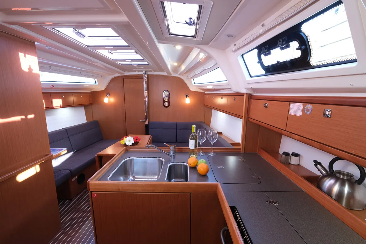 Salon of Crush, a Bavaria Cruiser 37 sailboat at Fethiye, Turkey