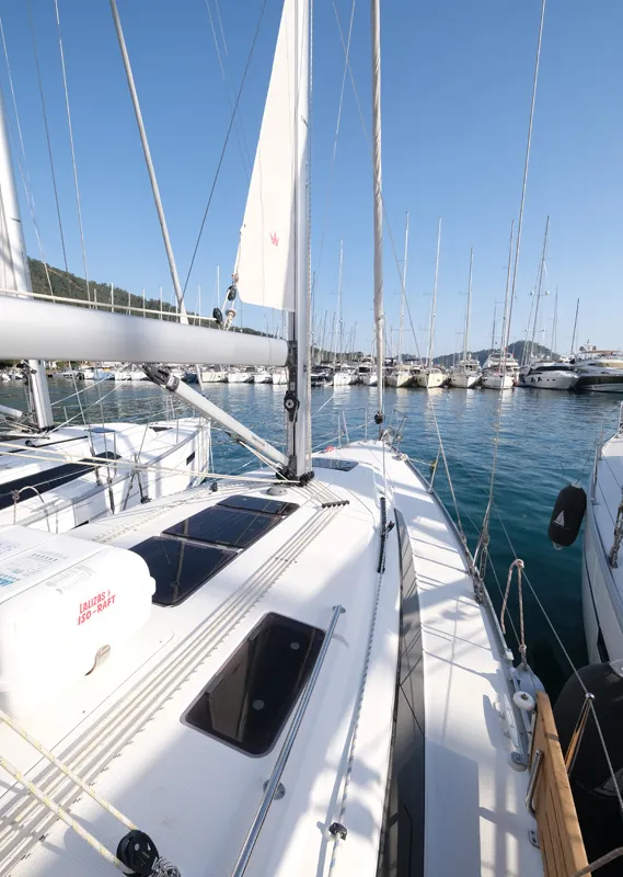 Deck of Crush, a Bavaria Cruiser 37 sailboat at Fethiye, Turkey
