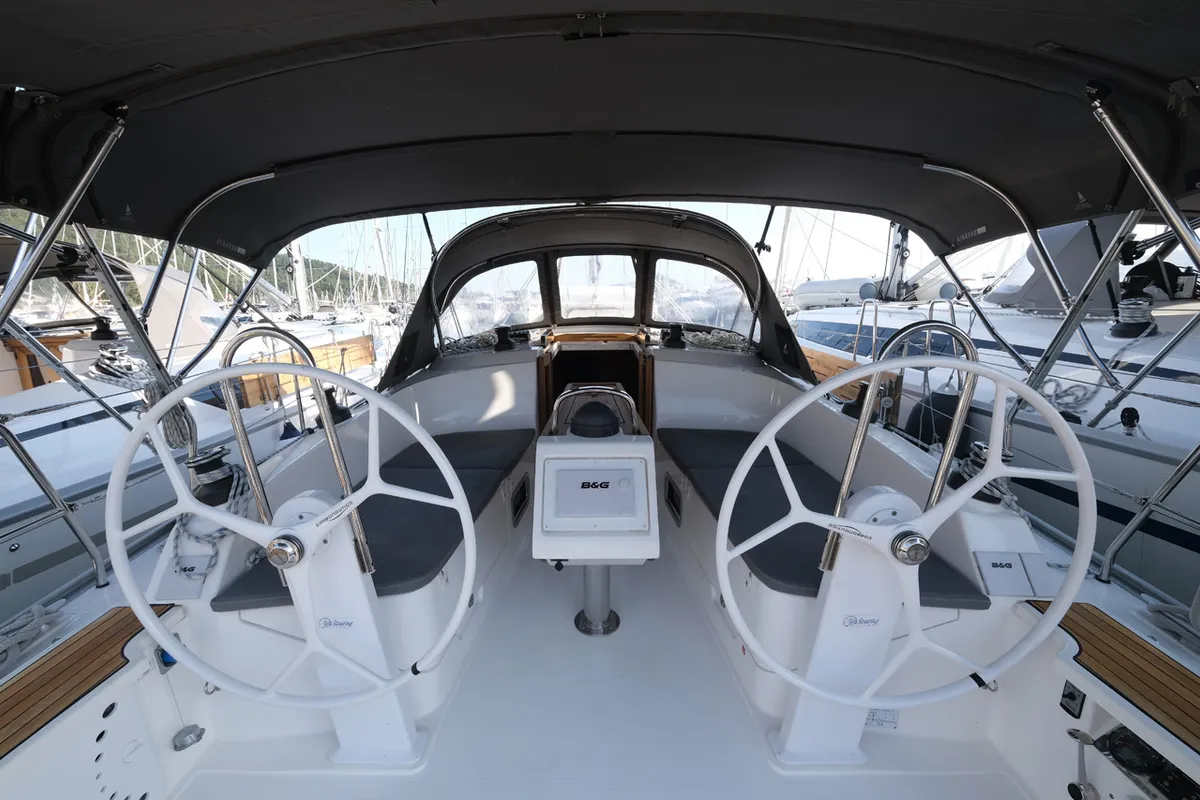 Cockpit of Crush, a Bavaria Cruiser 37 sailboat at Fethiye, Turkey