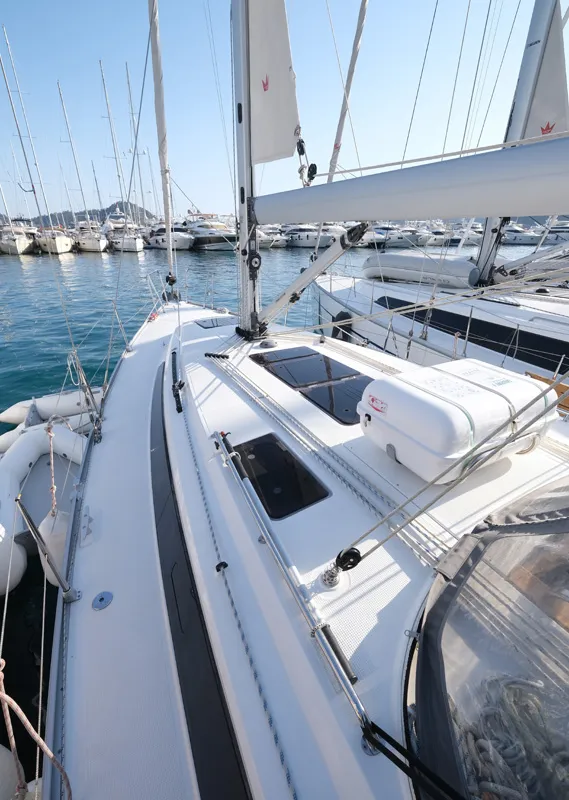 Deck of Crush, a Bavaria Cruiser 37 sailboat at Fethiye, Turkey