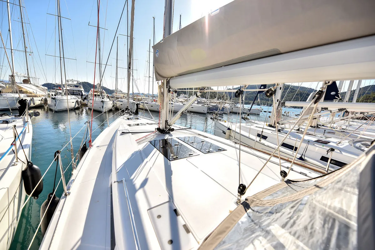 Exterior view of Gobun, a Hanse 458 sailboat at Fethiye, Turkey