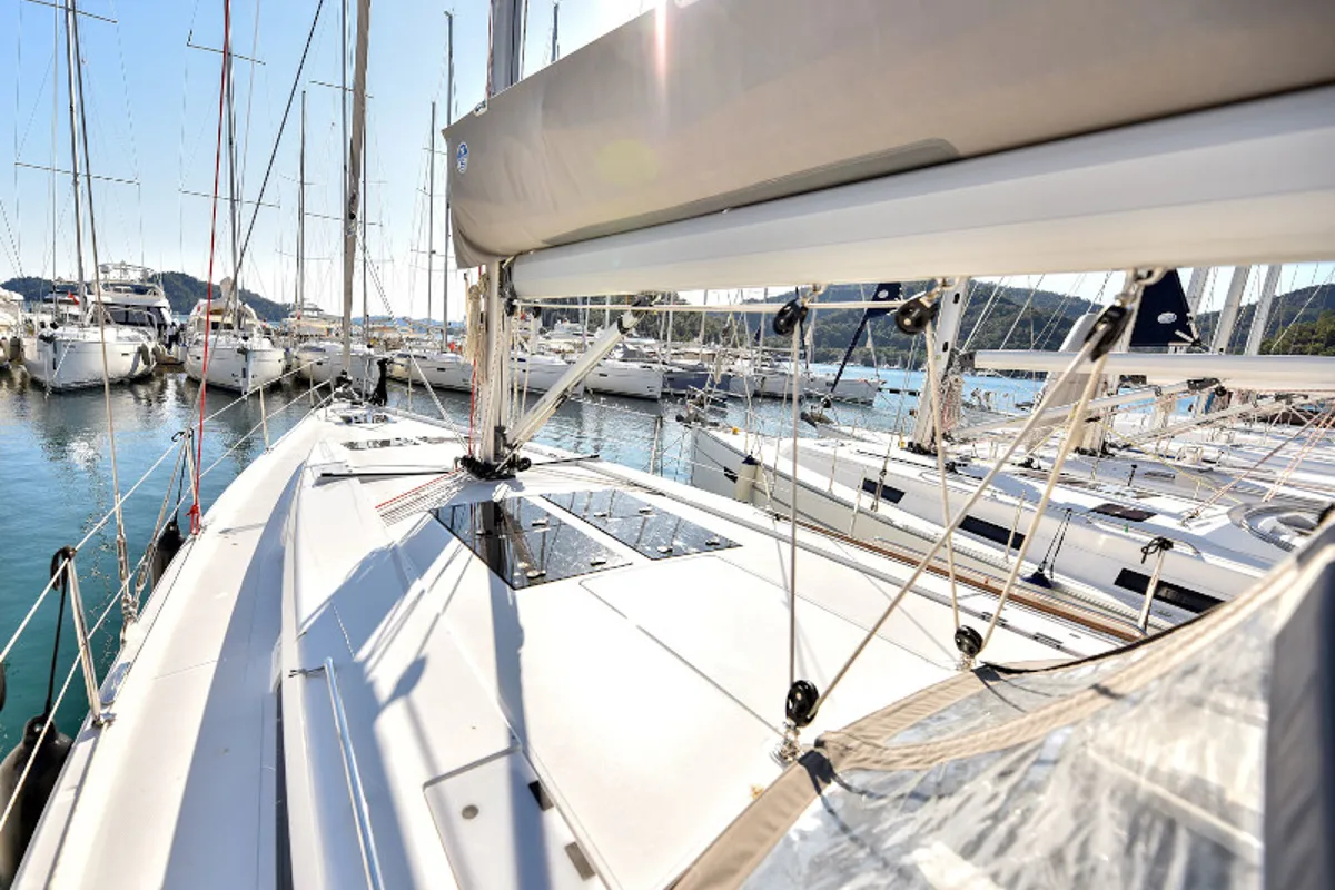 Deck of Gobun, a Hanse 458 sailboat at Fethiye, Turkey