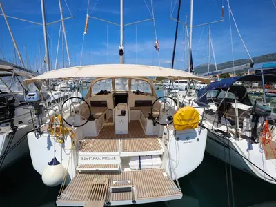 Cockpit of Nygma Prime, a Jeanneau Sun Odyssey 490 sailboat at Kaštela, Croatia