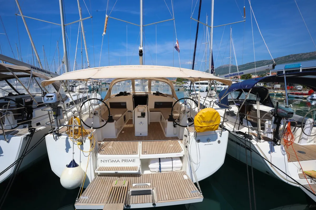 Cockpit of Nygma Prime, a Jeanneau Sun Odyssey 490 sailboat at Kaštela, Croatia