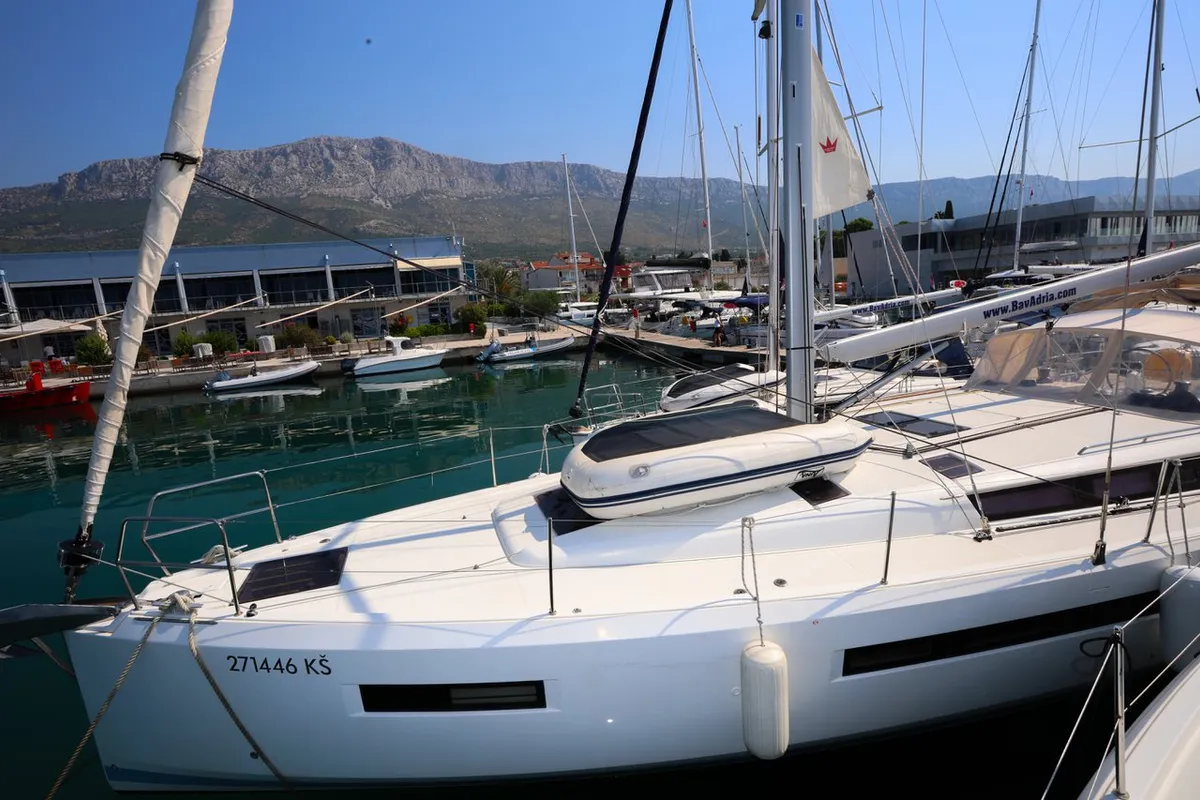 Exterior view of Nygma Prime, a Jeanneau Sun Odyssey 490 sailboat at Kaštela, Croatia