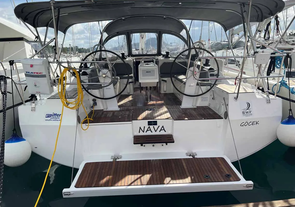 Cockpit of Nava, a Bavaria C42 sailboat at Fethiye, Turkey
