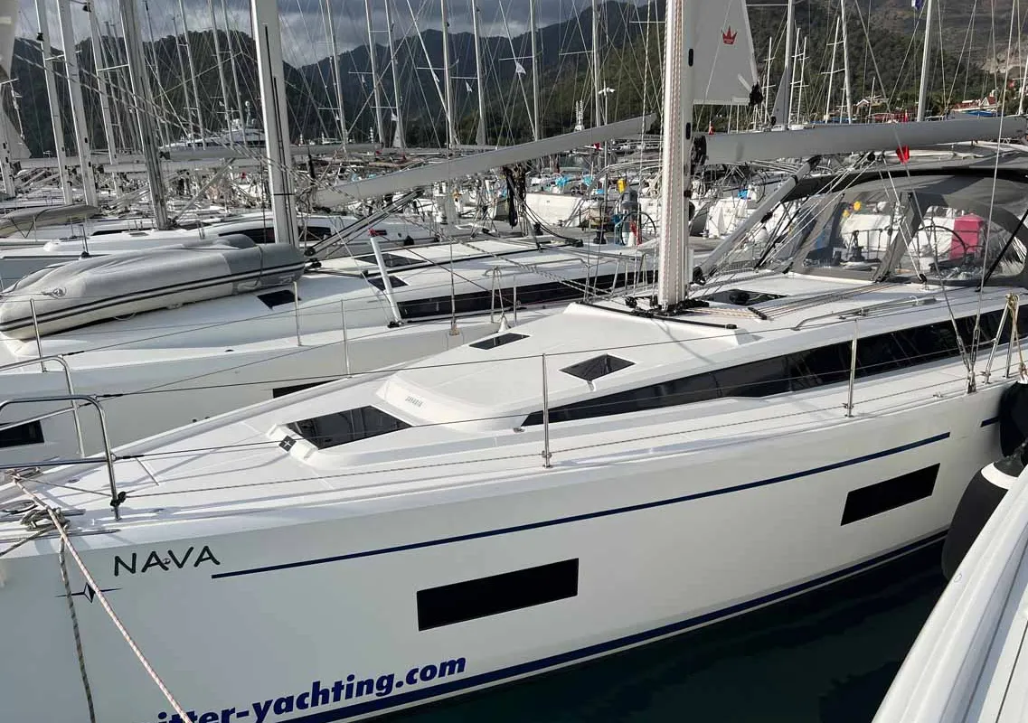 Exterior view of Nava, a Bavaria C42 sailboat at Fethiye, Turkey