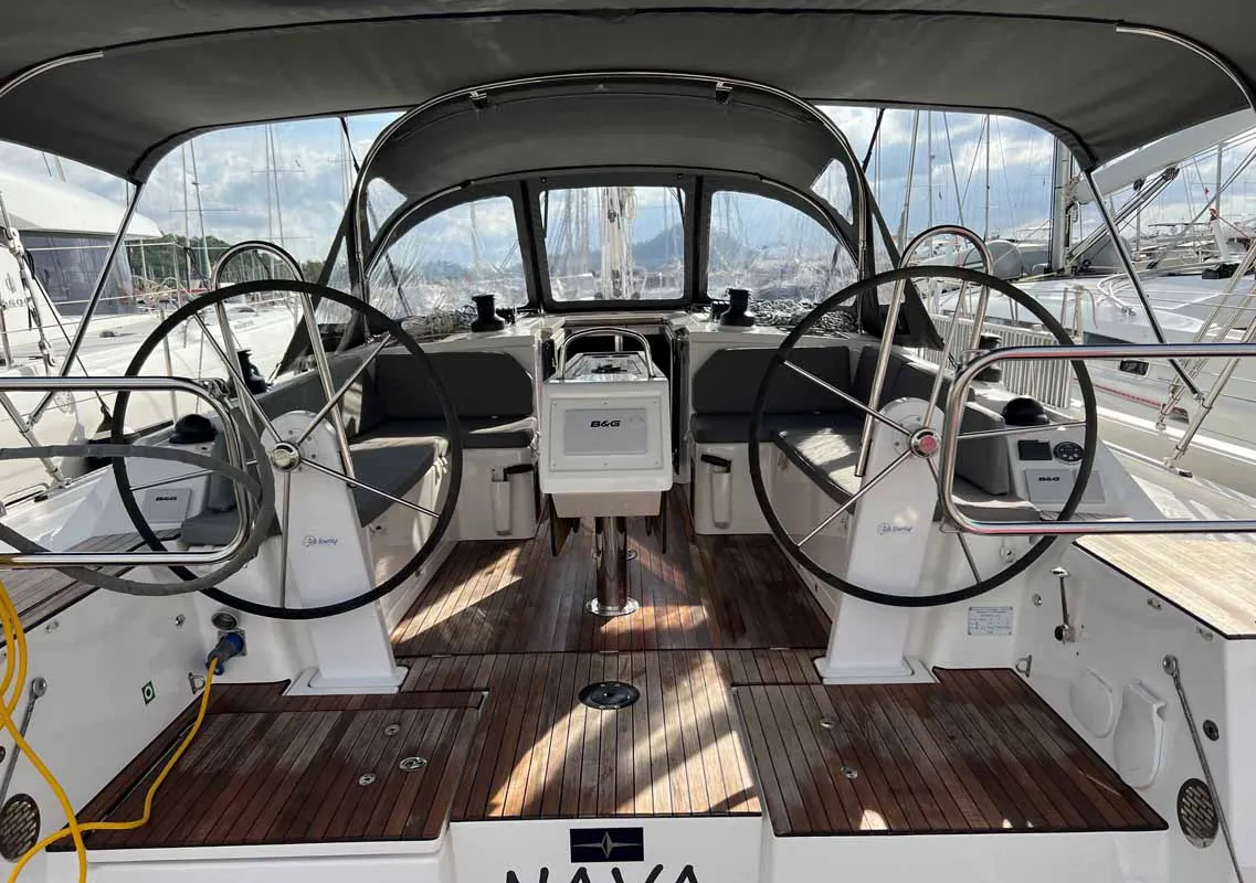 Cockpit of Nava, a Bavaria C42 sailboat at Fethiye, Turkey