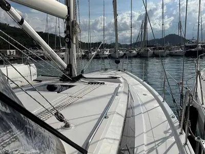 Deck of Nava, a Bavaria C42 sailboat at Fethiye, Turkey