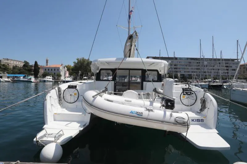 Exterior view of Gold Kiss, a Excess 11 - 4 + 1 + 1 cab. catamaran at Split, Croatia