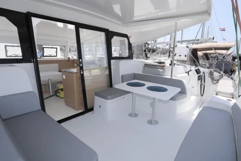 Deck of Gold Kiss, a Excess 11 - 4 + 1 + 1 cab. catamaran at Split, Croatia